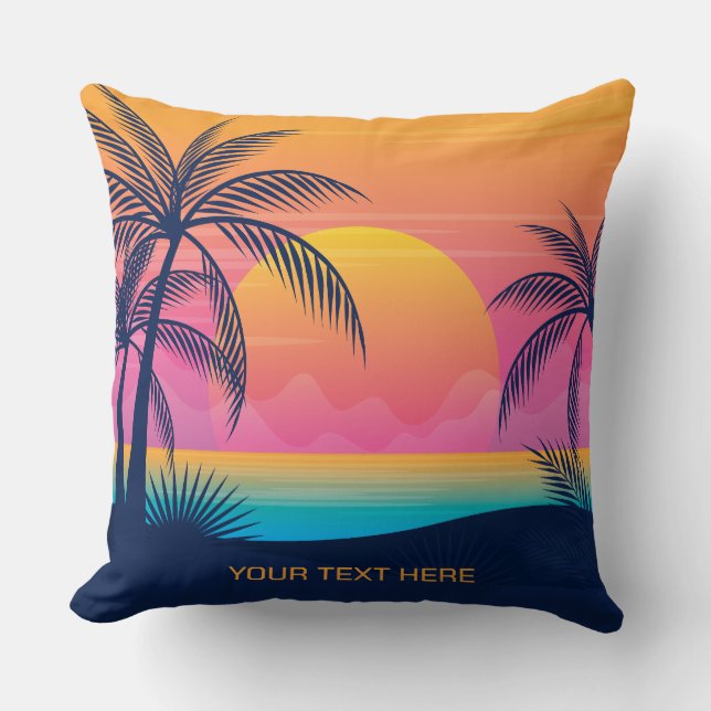 Custom Text Tropical Island Sunset Throw Pillow (Front)