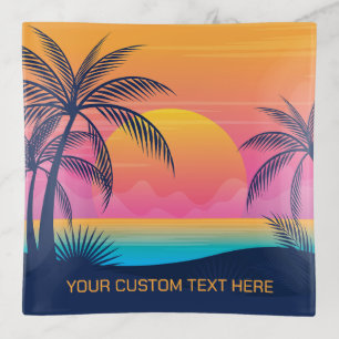 Custom Text Tropical Island Sunset Trinket Tray