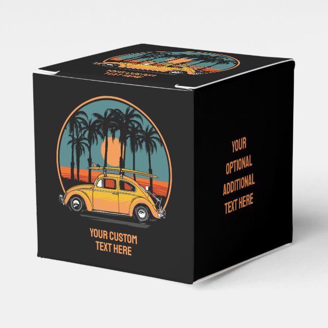Custom Text Tropical Surfer Sunset Favor Boxes (Front Side)