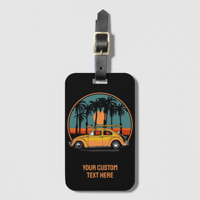 Custom Text Tropical Surfer Sunset Luggage Tag (Front Vertical)