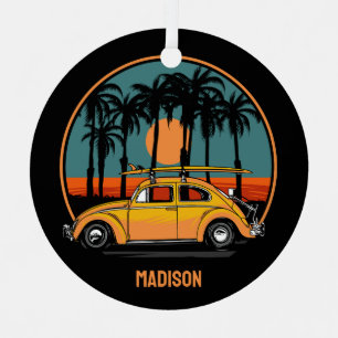 Custom Text Tropical Surfer Sunset Metal Ornament