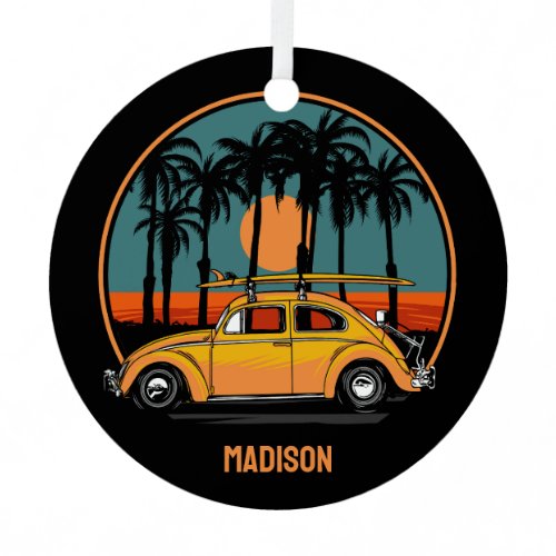 Custom Text Tropical Surfer Sunset Metal Ornament