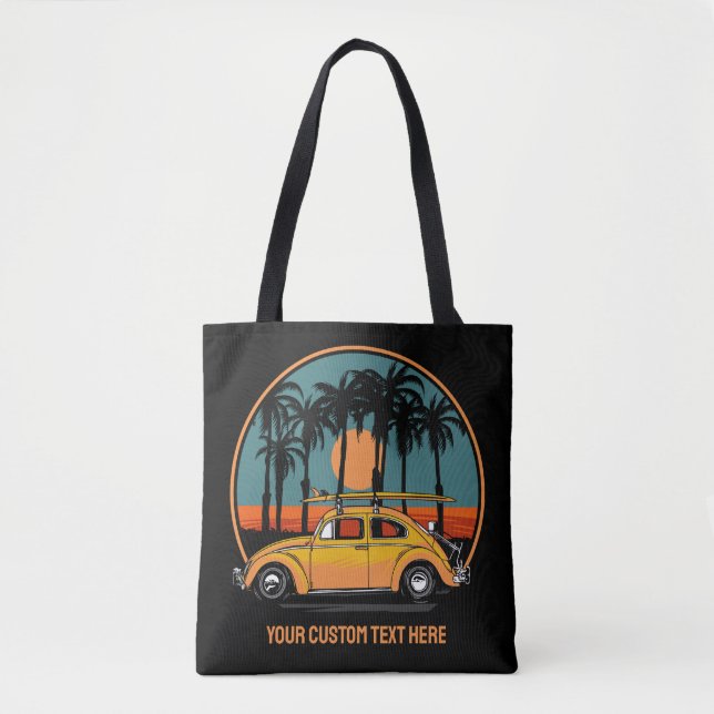Custom Text Tropical Surfer Sunset Tote Bag (Front)