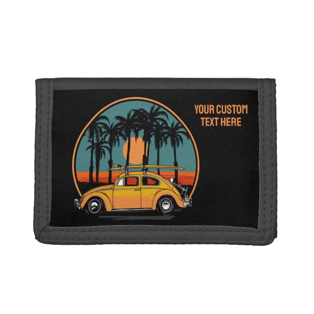 Custom Text Tropical Surfer Sunset Trifold Wallet (Front)