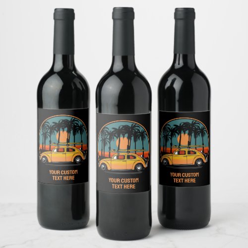 Custom Text Tropical Surfer Sunset Wine Label
