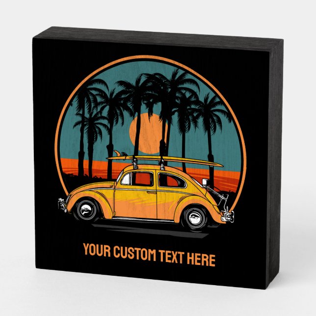 Custom Text Tropical Surfer Sunset Wooden Box Sign (Angled Horizontal)