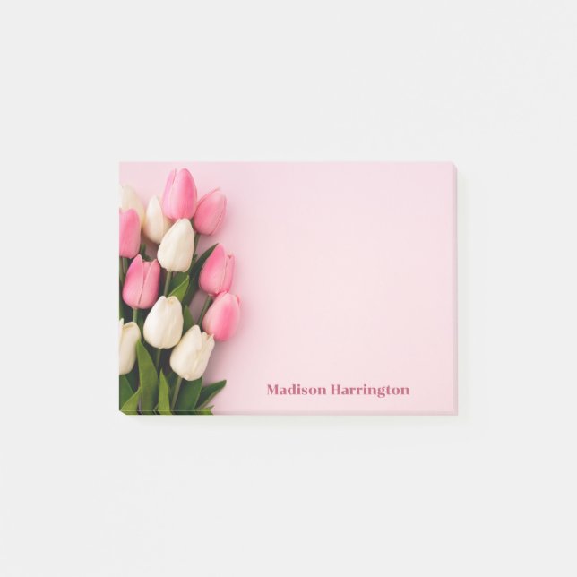 Custom Text Tulips on Pink Post-it Notes (Front)
