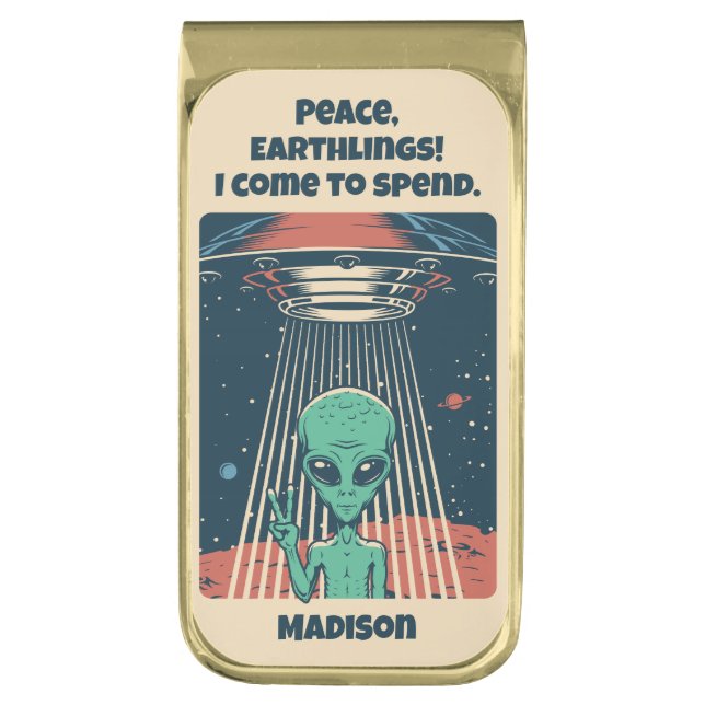 Custom Text UFO Alien Gold Finish Money Clip (Front Vertical)