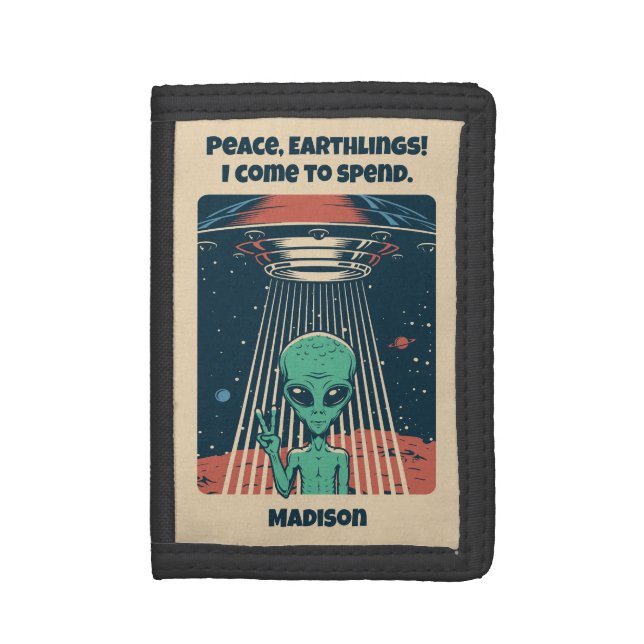 Custom Text UFO Alien Tri-fold Wallet (Front Vertical)