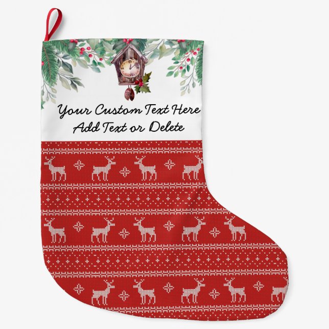 Custom Text. Ugly Christmas Sweater Reindeer Large Christmas Stocking (Front)