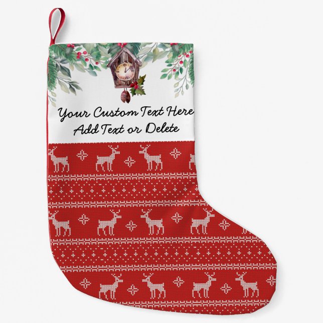Custom Text. Ugly Christmas Sweater Reindeer Small Christmas Stocking (Front)