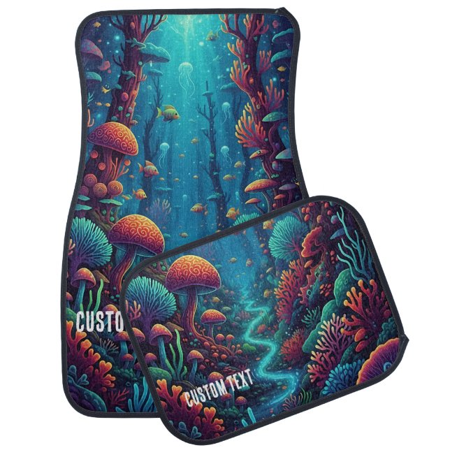 Custom Text Underwater Fantasy Forest Mushroom Car Floor Mat (Set)