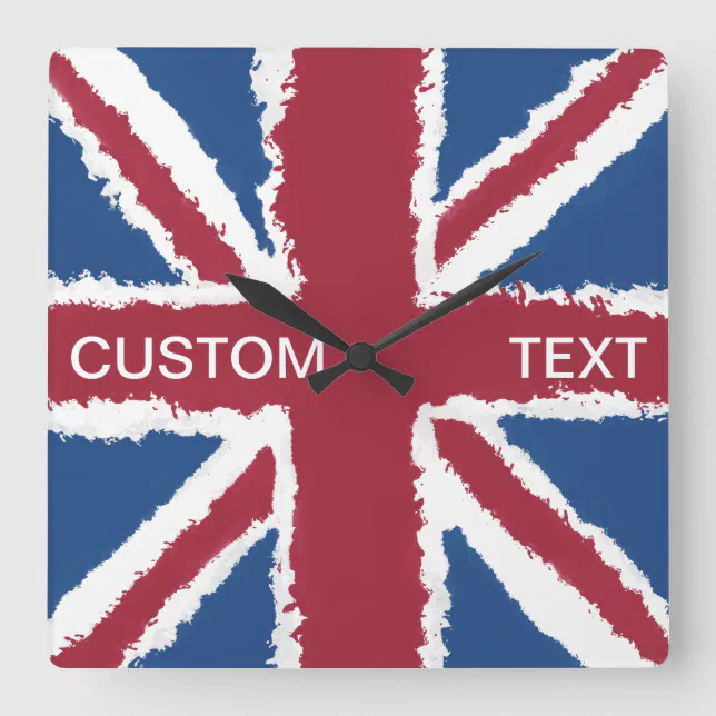 Custom Text Union Jack Flag Art by Heva Weva Square Wall Clock | Zazzle