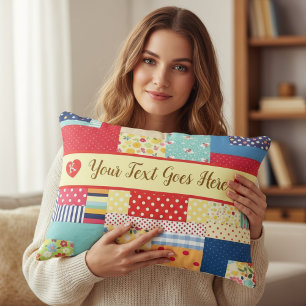 Custom Text Valentine’s Day Colorful Patchwork Accent Pillow