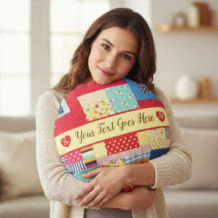 Custom Text Valentine’s Day Colorful Patchwork Round Pillow