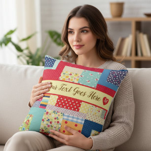 Custom Text Valentine’s Day Colorful Patchwork Throw Pillow