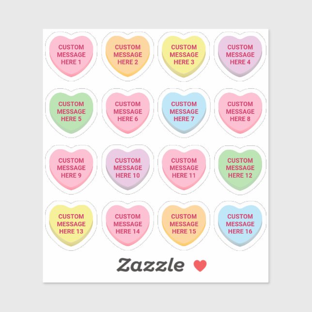Custom text Valentine's Day 16 conversation hearts Sticker (Sheet)