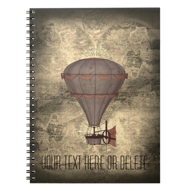 Custom Text Vintage Balloon Steampunk Sepia Tone Notebook (Front)