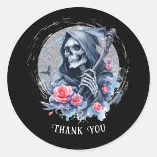 Custom Text Vintage Grim Reaper Floral Glitter Classic Round Sticker
