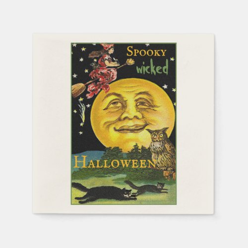 Custom Text Vintage Halloween Moon Watching Witch Napkins