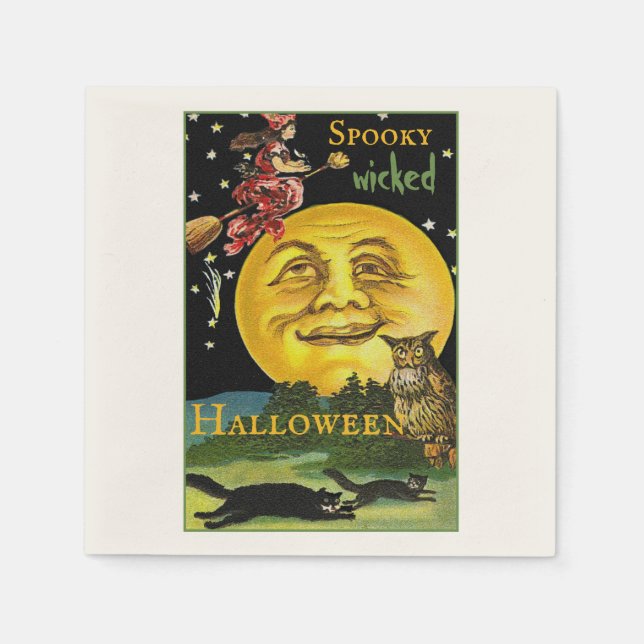 Custom Text Vintage Halloween Moon Watching Witch Napkins (Front)