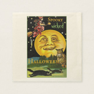 Custom Text Vintage Halloween Moon Watching Witch Napkins