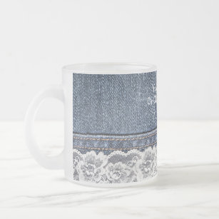 Custom Text/ Vintage Retro Blue Jeans Denim Lace Frosted Glass Coffee Mug