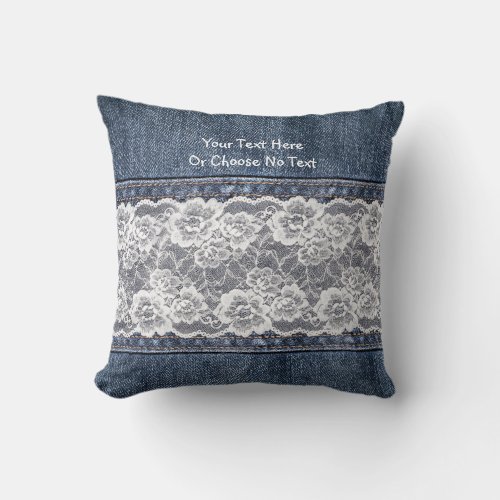 Custom Text Vintage Retro Blue Jeans Denim Lace Throw Pillow