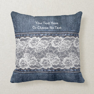 Custom Text/ Vintage Retro Blue Jeans Denim Lace Throw Pillow