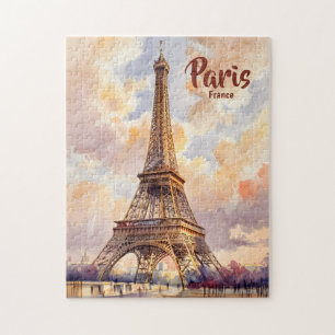 Custom Text Watercolor Eiffel Tower Sunset Travel Jigsaw Puzzle