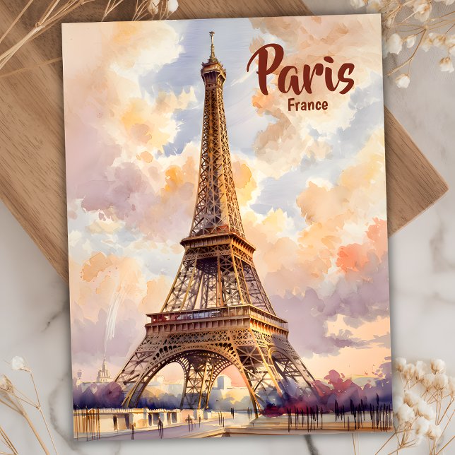 Custom Text Watercolor Eiffel Tower Sunset Travel Postcard (Paris Eiffel Tower Pastel Sunset Watercolor )