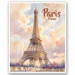Custom Text Watercolor Eiffel Tower Sunset Travel Sticker