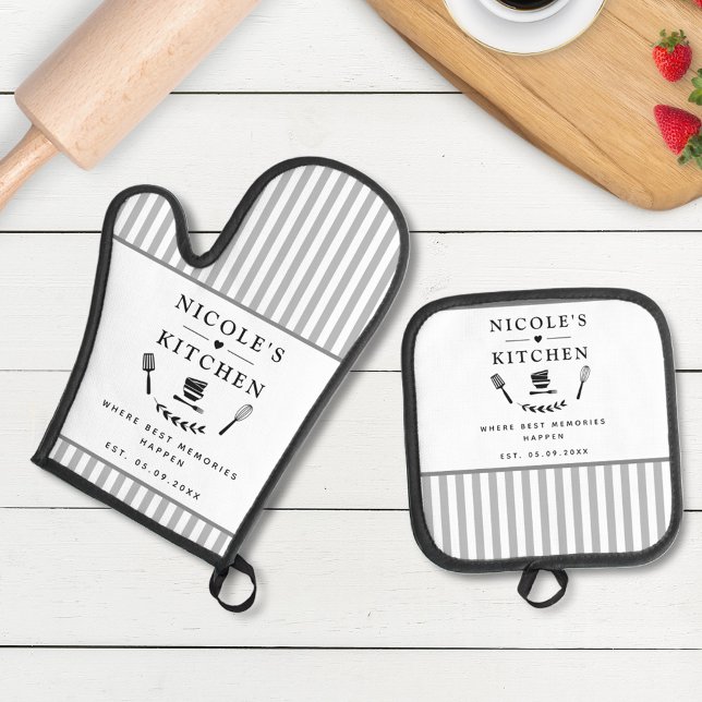 Custom Text, White and Gray Stripes Cute Farmhouse Oven Mitt & Pot Holder Set (Creator Uploaded)