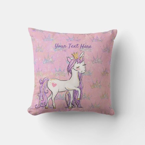 Custom Text White Unicorn Purple Pink Glitter Throw Pillow