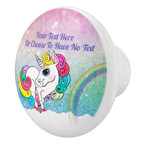 Custom Text White Unicorn Rainbow Glitter Sequins Ceramic Knob