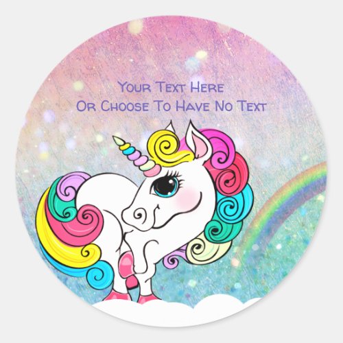 Custom Text White Unicorn Rainbow Glitter Sequins Classic Round Sticker