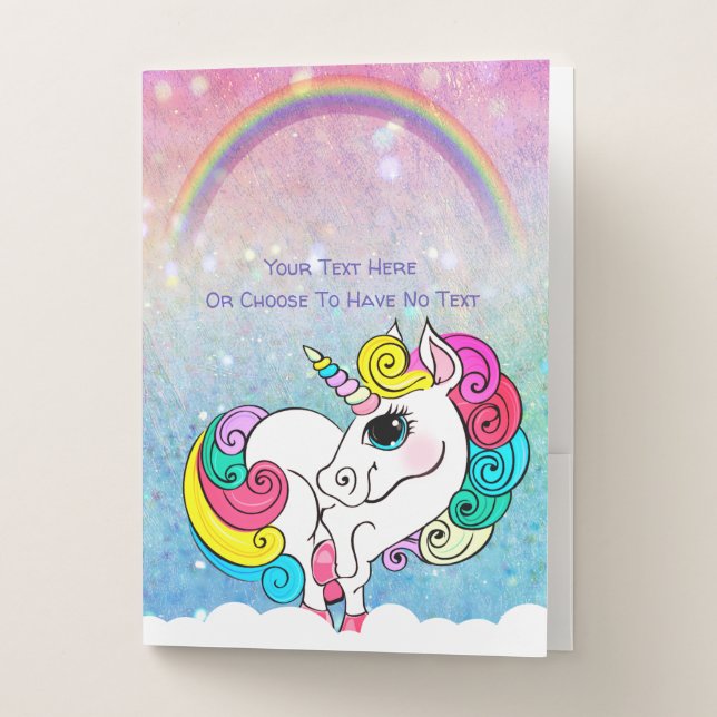 Custom Text/ White Unicorn Rainbow Glitter Sequins Pocket Folder (Front)