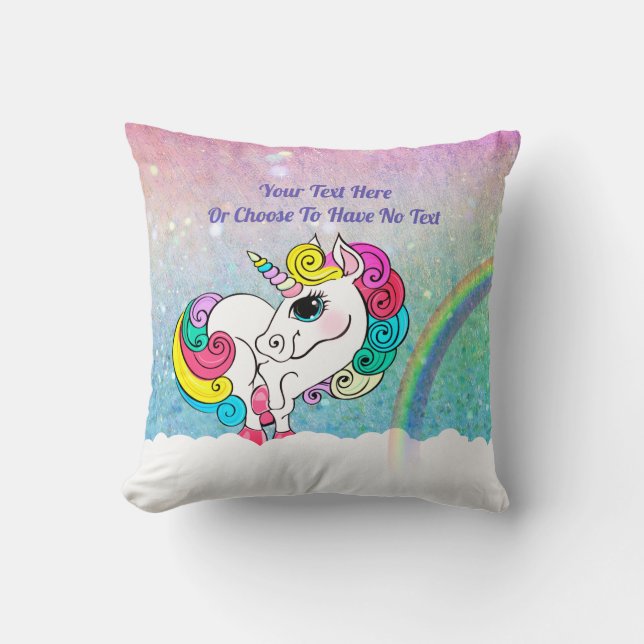 Custom Text/ White Unicorn Rainbow Glitter Sequins Throw Pillow (Front)