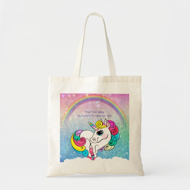 Custom Text/ White Unicorn Rainbow Glitter Sequins Tote Bag (Front)