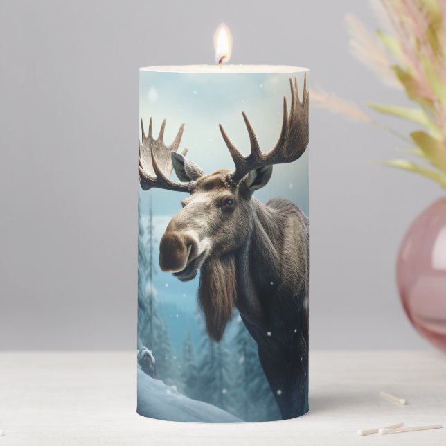 Custom Text Winter Moose Pillar Candle (In Situ)