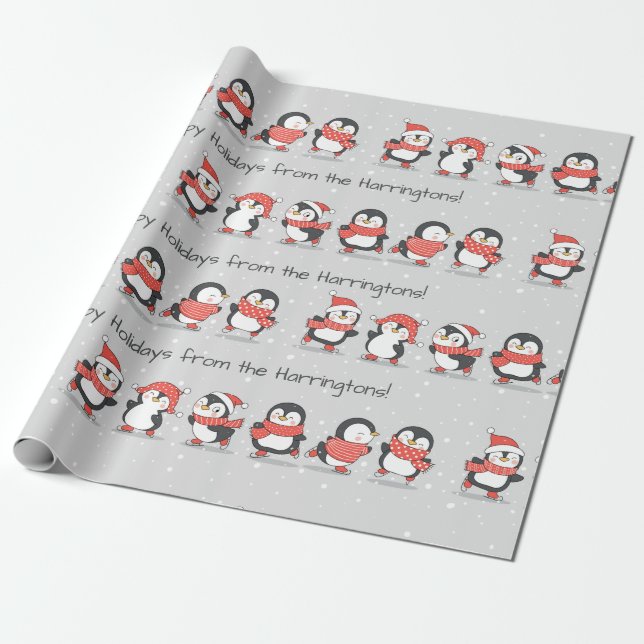 Custom text Winter Penguins Wrapping Paper (Unrolled)