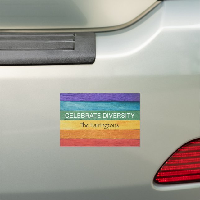 Custom Text Wood-Textured Rainbow Flag Car Magnet (In Situ)