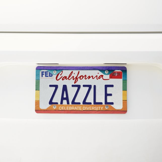 Custom Text Wood-Textured Rainbow Flag License Plate Frame (On Car)