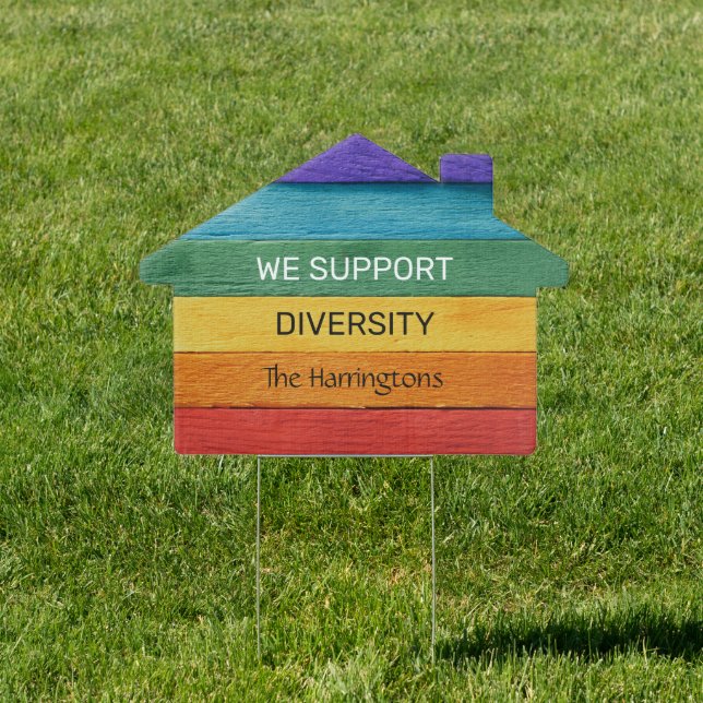 Custom Text Wood-Textured Rainbow Flag Sign (Insitu)