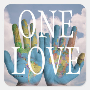 Custom Text World Peace Globe Map on Hand One Love Square Sticker