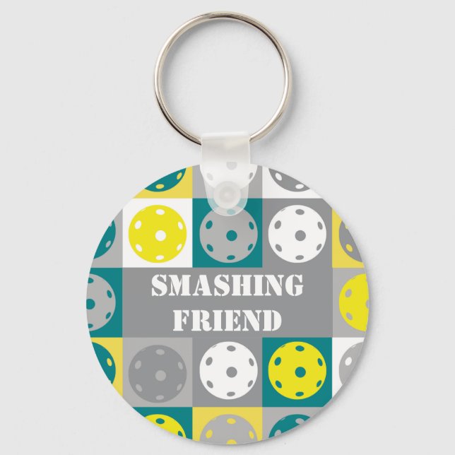  Custom text , Yellow and green  Pickleball  Keychain (Front)