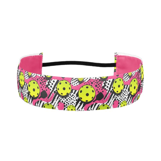 Custom text yellow pickleballs on pink athletic headband (Front)