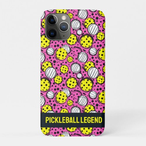 Custom text yellow pickleballs on pink iPhone 11 pro case