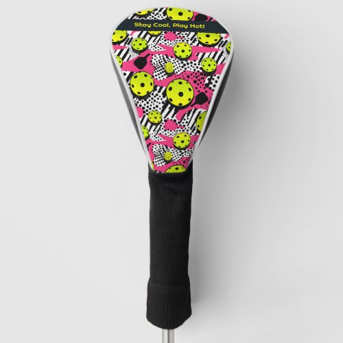 Custom text yellow pickleballs on pink golf head cover