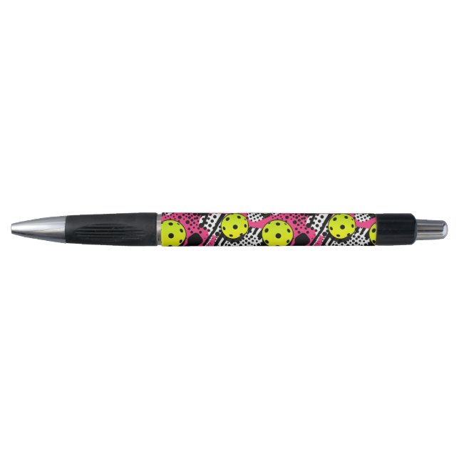 Custom text yellow pickleballs on pink pen (Front)